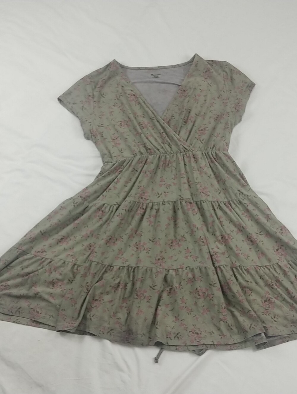 NoBo Floral Tiered Mini Dress Womens XL Olive Cap Sleeve Waist Tie Cottage